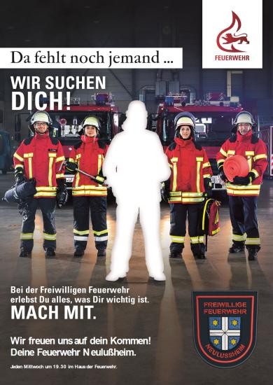 Plakat mit Feuerwehrmännern und Texte: "Da fehlt noch jemand" "Wir suchen dich"